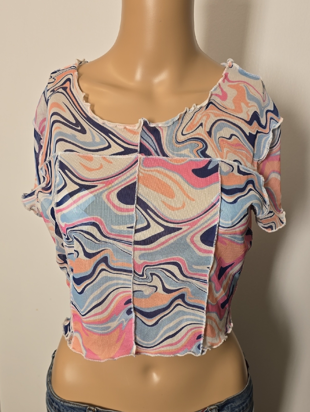 Wave-Print Sheer Cropped Women’s Top in Pastel Multi - L